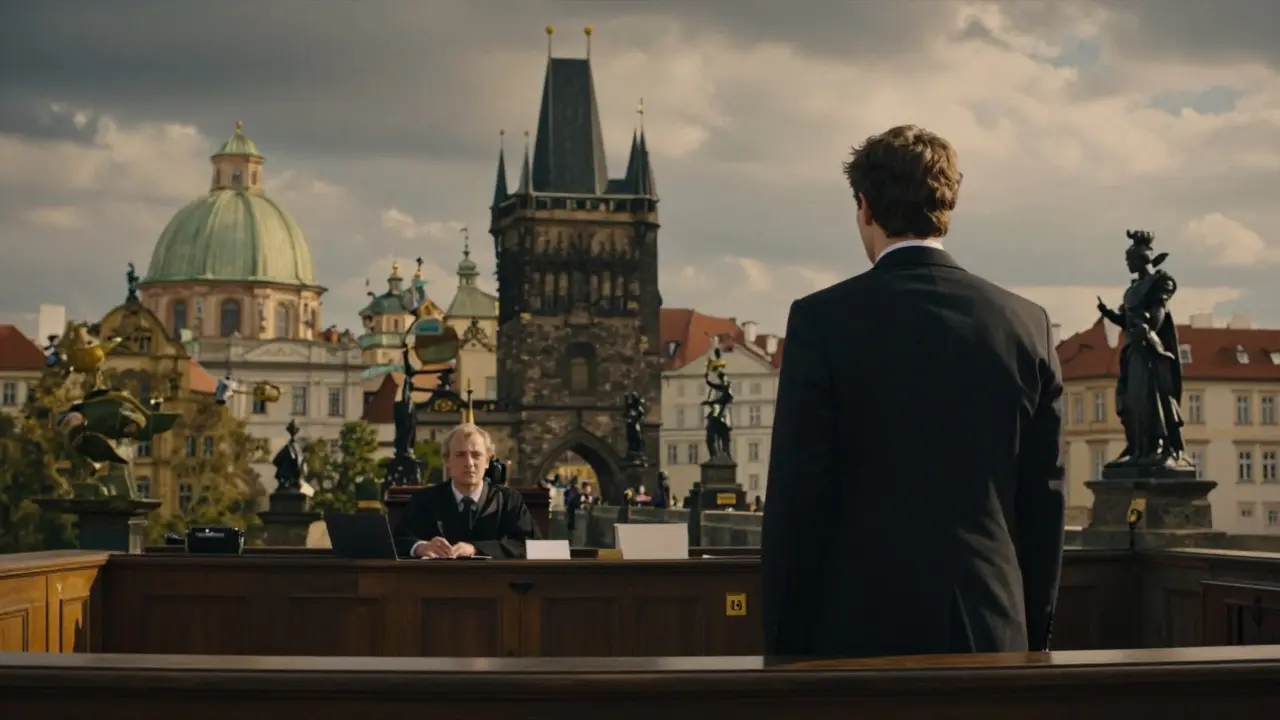 Soudní proces v Praze s výhledem na Karlův most