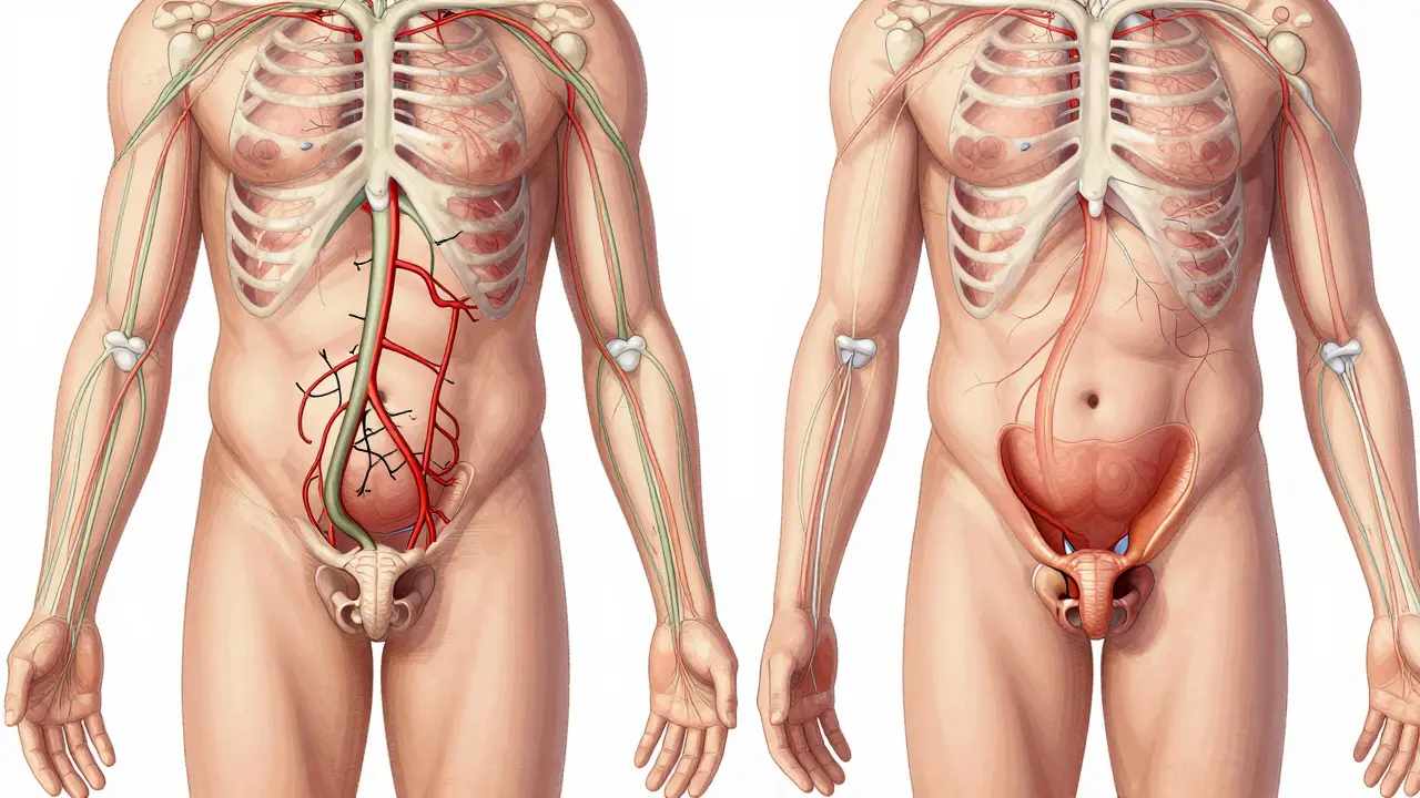 Srovnávací ilustrace těla: stres blokuje krevní tok, CBD ho obnovuje.