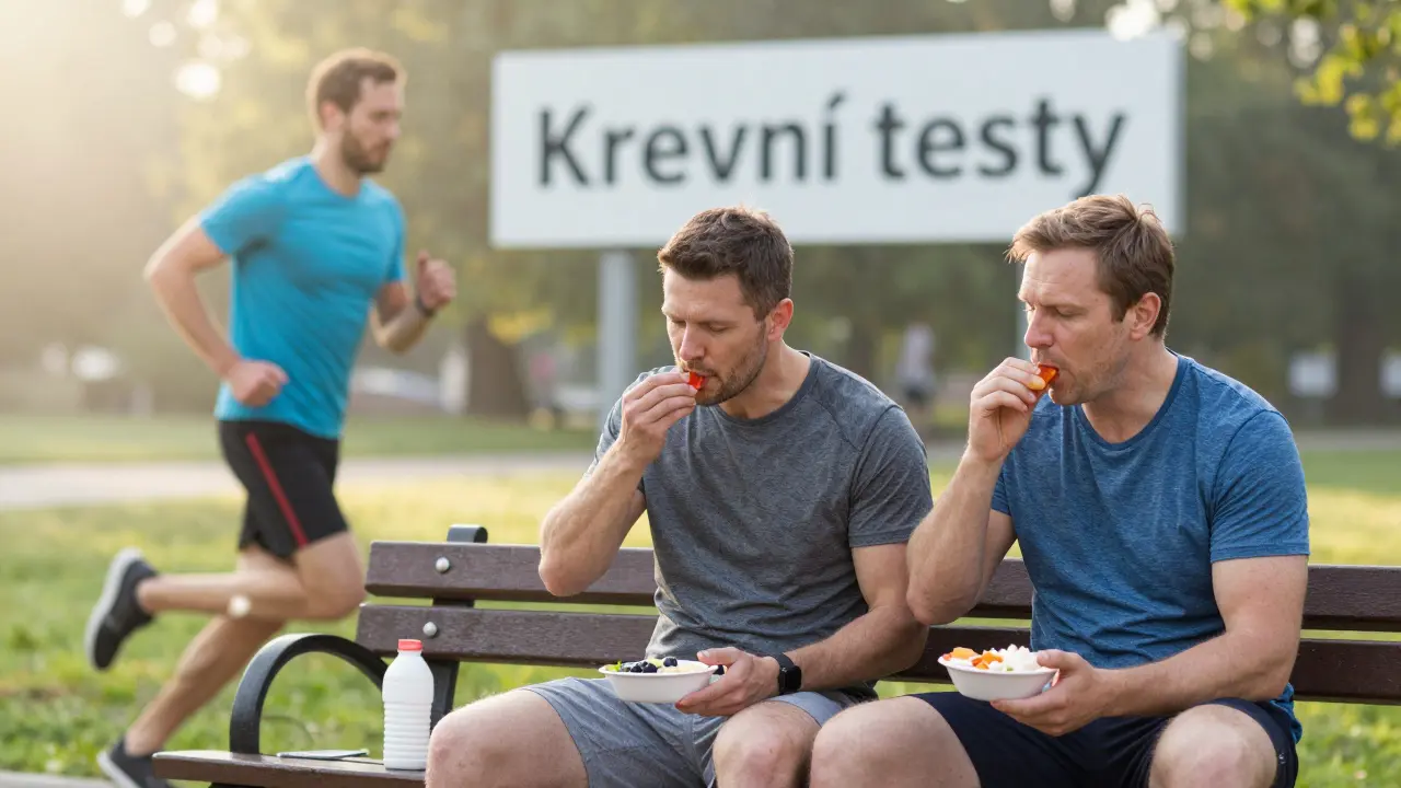 Tři muži na lavičce — jeden běží, druhý jí, třetí užívá CBD — symbolizují zdravý životní styl.