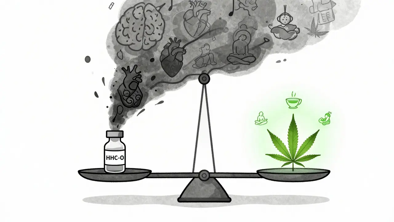 Váha s HHC-O na jedné straně s riziky a CBD na druhé se symboly klidu a bezpečí, minimalistický styl.