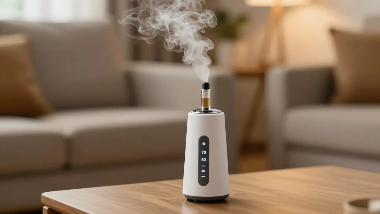 Vapér s regulací teploty uvolňující jemnou paru z CBD izolátu v klidném prostředí.