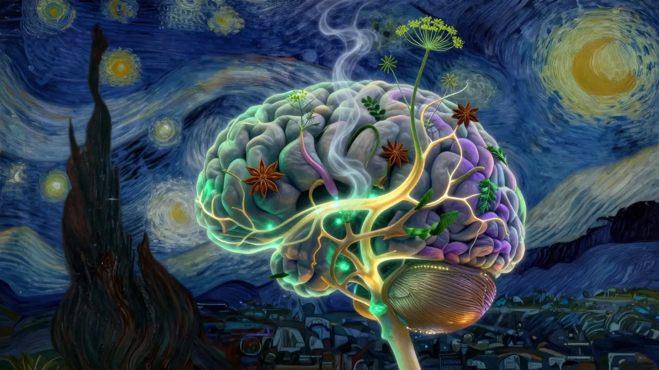 Abstraktní obraz lidského mozku zářícího barvami bylin, s výstupnými vůněmi ve formě listů a hvězdiček.