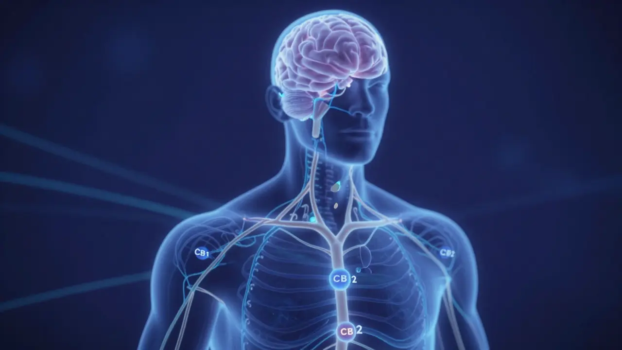 Abstraktní znázornění endokanabinoidního systému s jednou molekulou CBN ve tmavém prostředí.