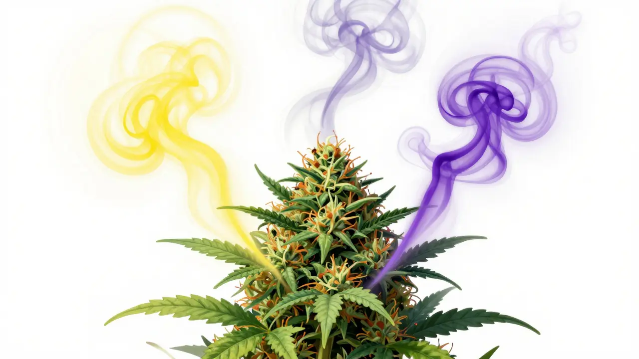 Barevné výpary terpenů kolem konopného květu.