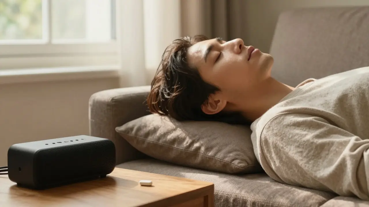 Clidná osoba na pohodlné pohovce s malou dávkou edibilie, v pozadí jemné osvětlení a zvuky jazzu.