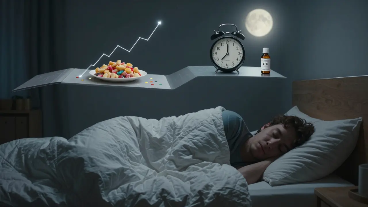 Člověk spí, zatímco nad ním vznášejí dvě cesty: jedna k cukru a přírůstku hmotnosti, druhá k klidu a kvalitnímu spánku.