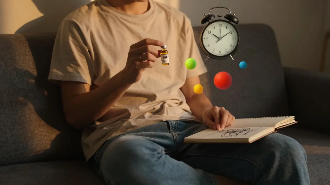 Člověk v klidném prostředí drží lahvičku HHC, kolem něj plavou barvy a zpomalený čas