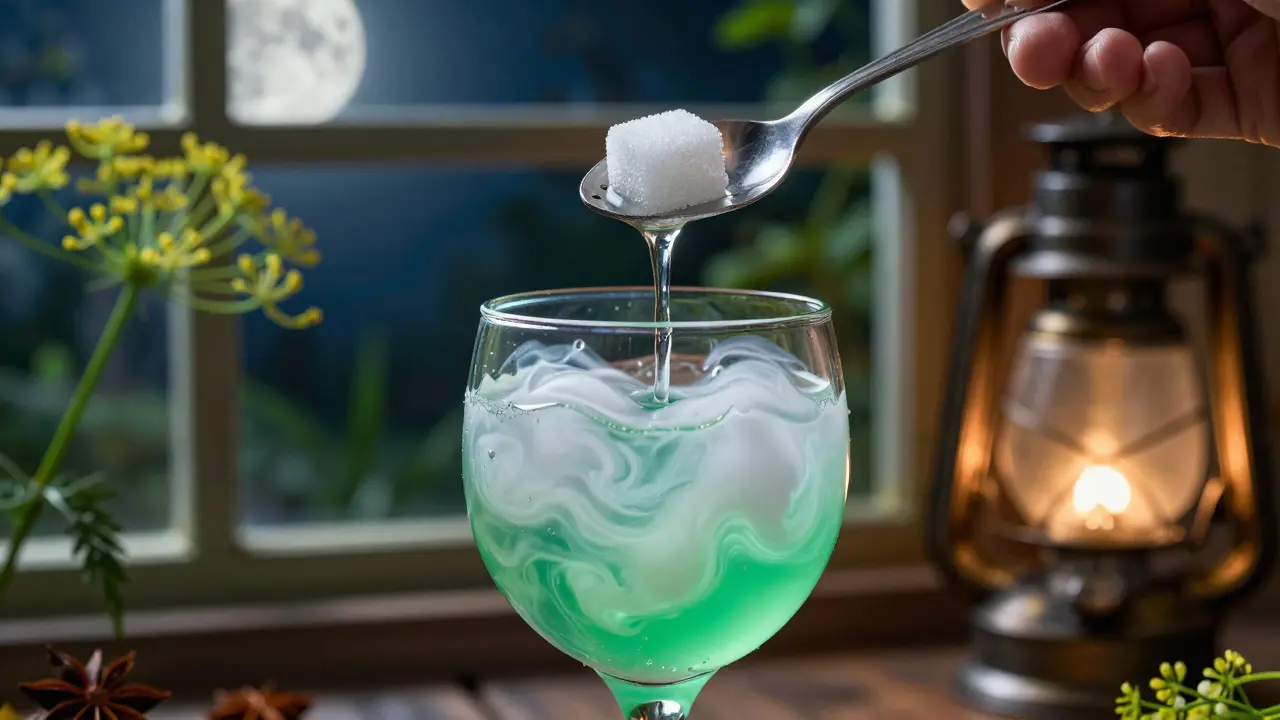 Detailní záběr ruky připravující absint s cukrem a lžící, když se nápoj mění na mléčnou barvu.