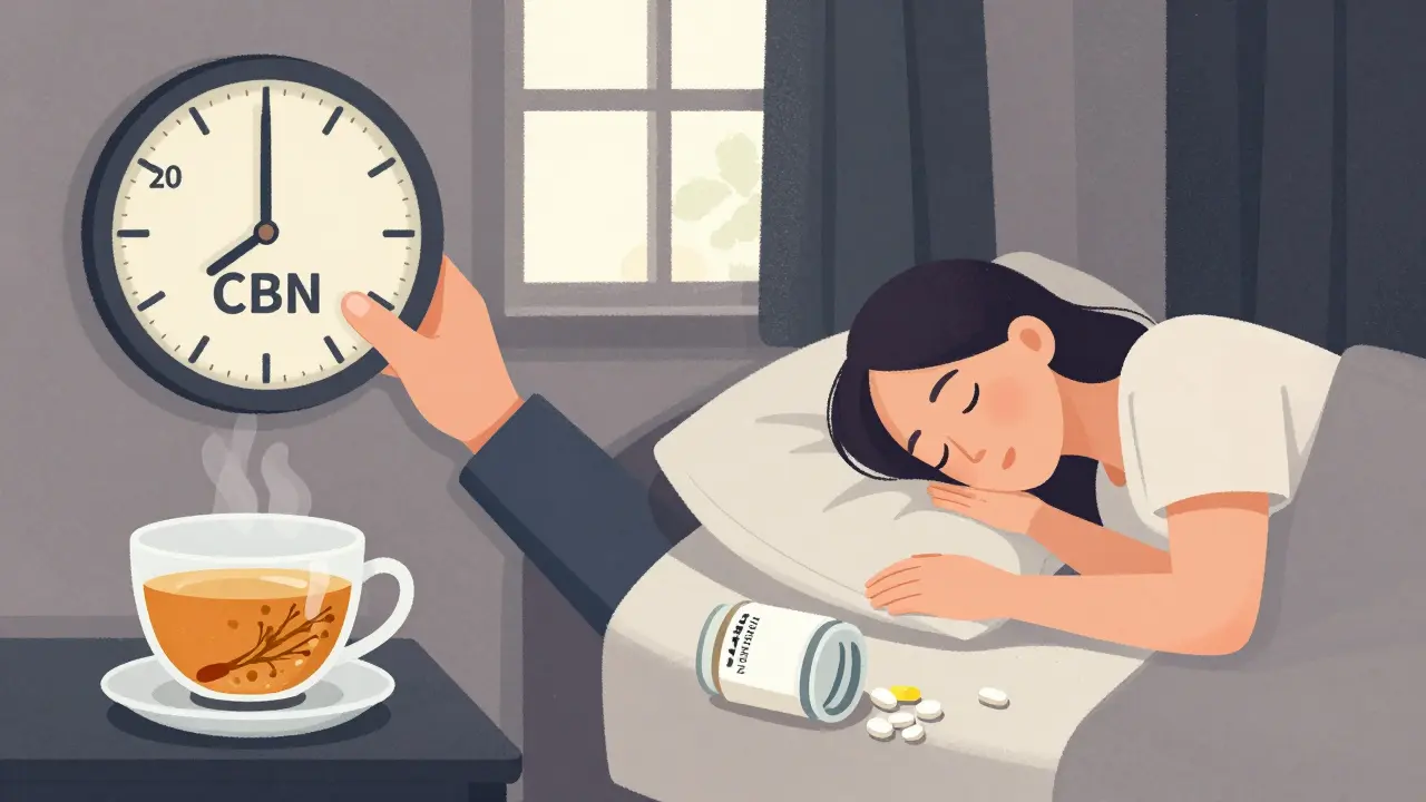 Dvě scény: jedna s užíváním CBN každou noc, druhá s přirozeným spánkem bez doplňků.