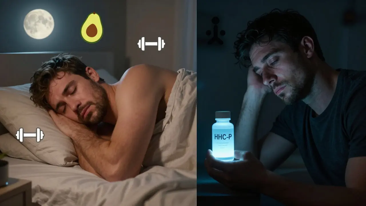 Dvě strany jednoho muže: jedna zdravá s přírodními metody, druhá s HHC-P a únavou.