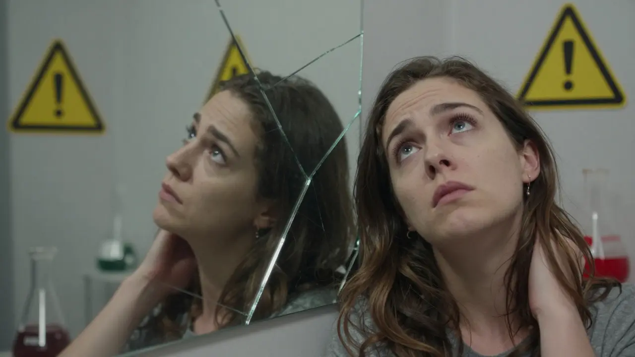 Dvě verze člověka v zrcadle: jedna klidná, druhá znepokojená, s chemickými a právními symboly