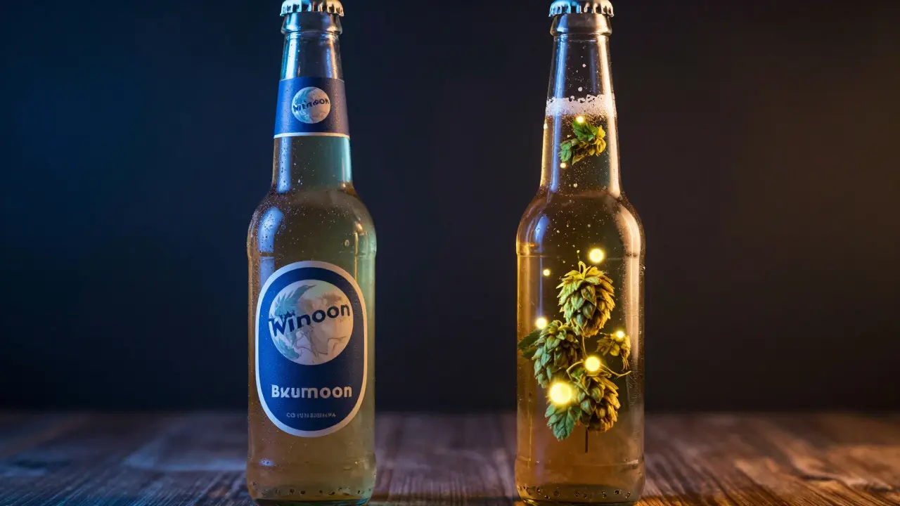 Dvojitá expozice klasického piva a piva s CBD, symbolizující rozdíl mezi značkou a skutečností.