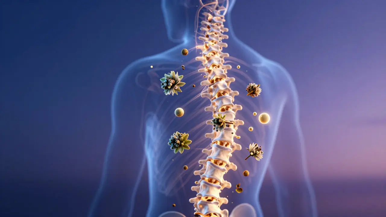 Glowující lidská páteř s molekulami CBD a terpenů, symbolizující uvolnění bolesti a spánek.