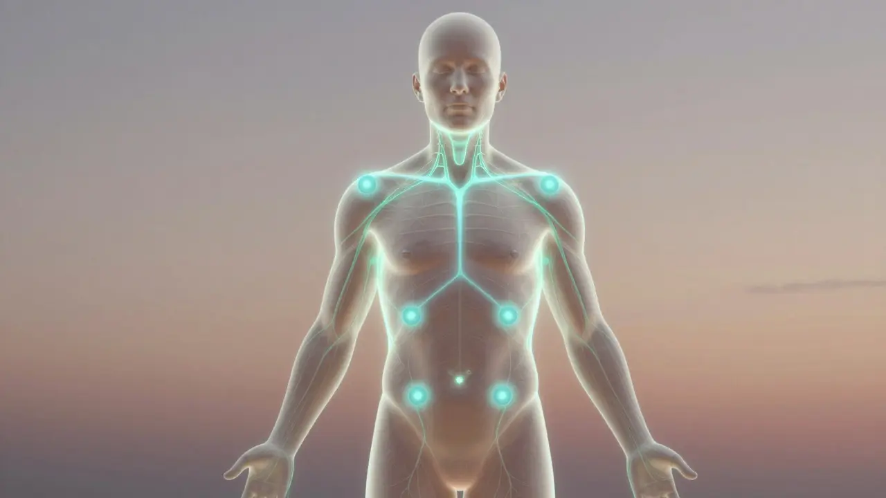 Grafický vývoj energie v těle na pěti klíčových místech aplikace CBD balmu.