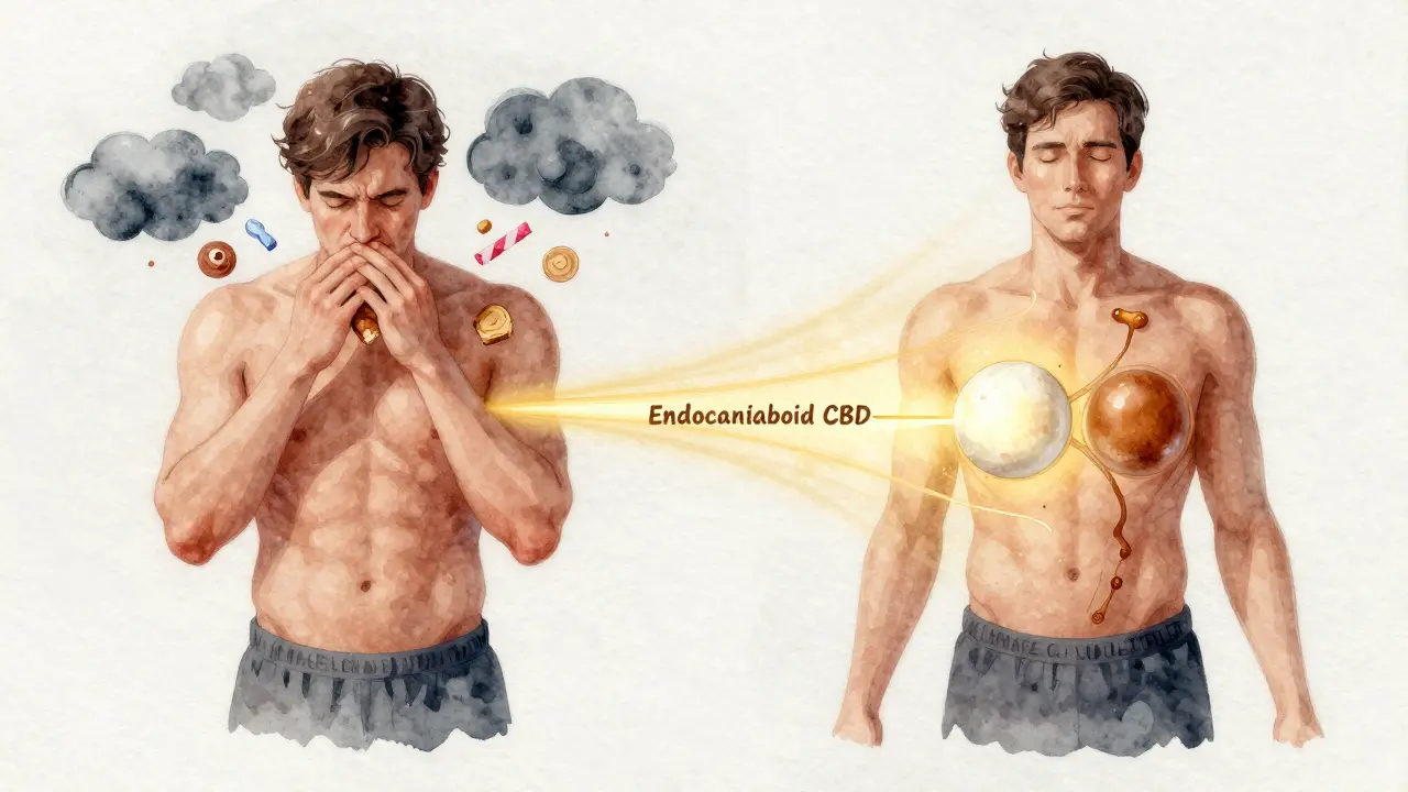 Ilustrace těla s protichůdnými cestami: stresové jídlo vs. klid a přeměna tuku.