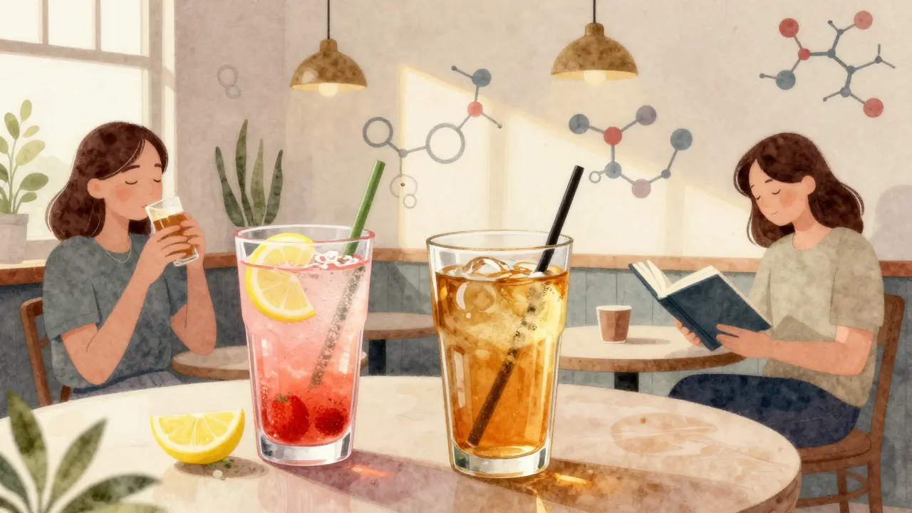 Kavárna s lidmi pijícími bezalkoholické cannabis nápoje v příjemném světle večera.