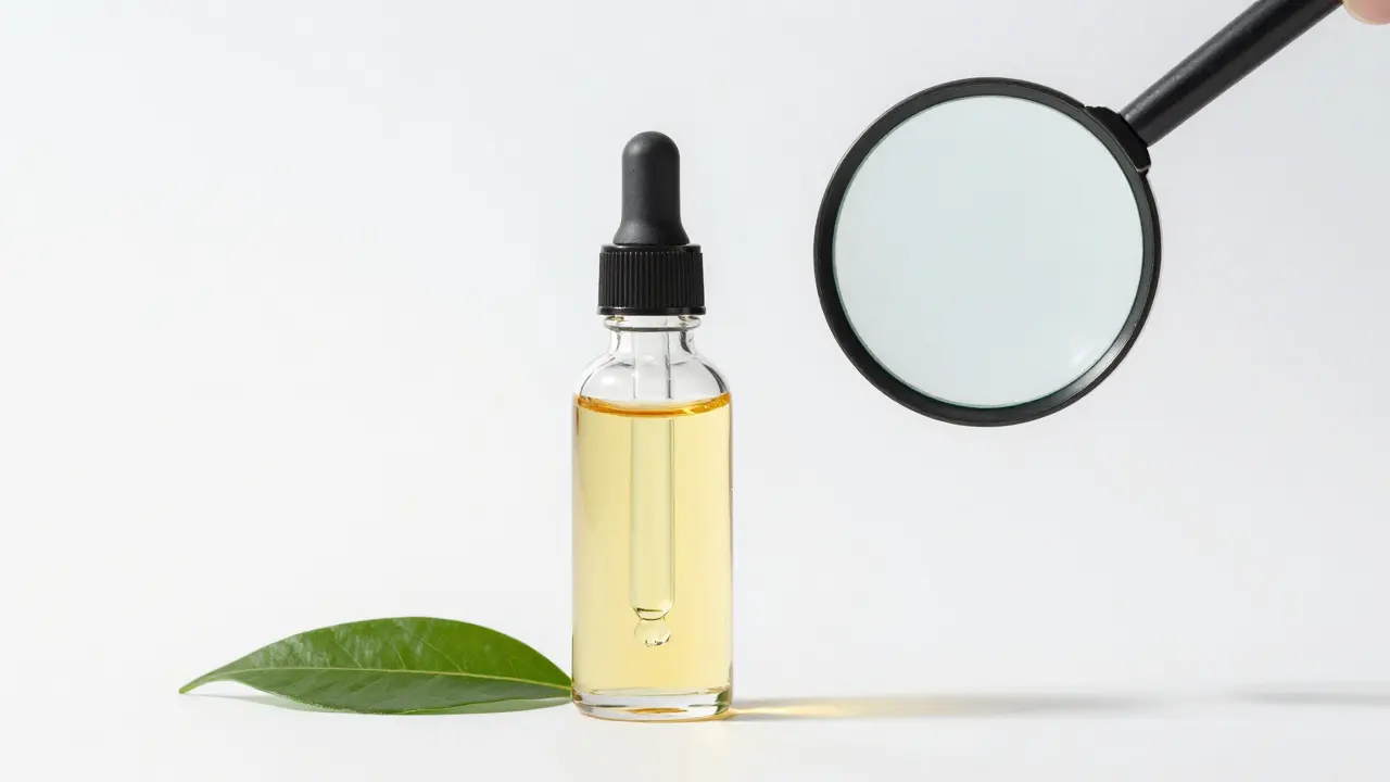 Lupa nad listem a lahví extraktu pro kontrolu.