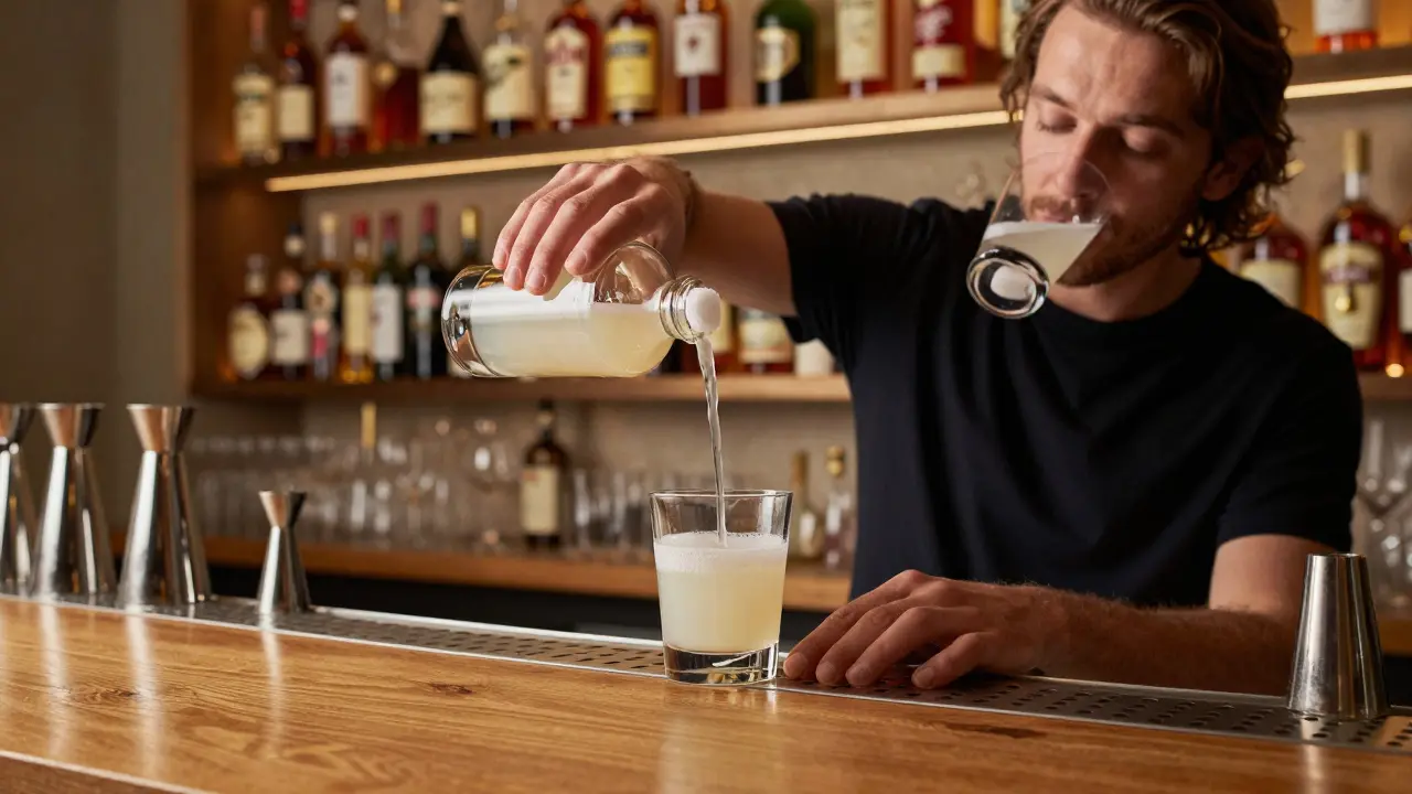 Moderní bartendr připravuje absint s vodou a cukrem v pražské baru, zlaté světlo a čisté povrchy.