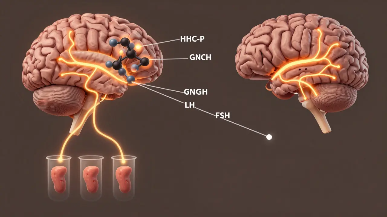 Mozek s aktivovanými receptory, které blokují hormonální signály k varlatům.