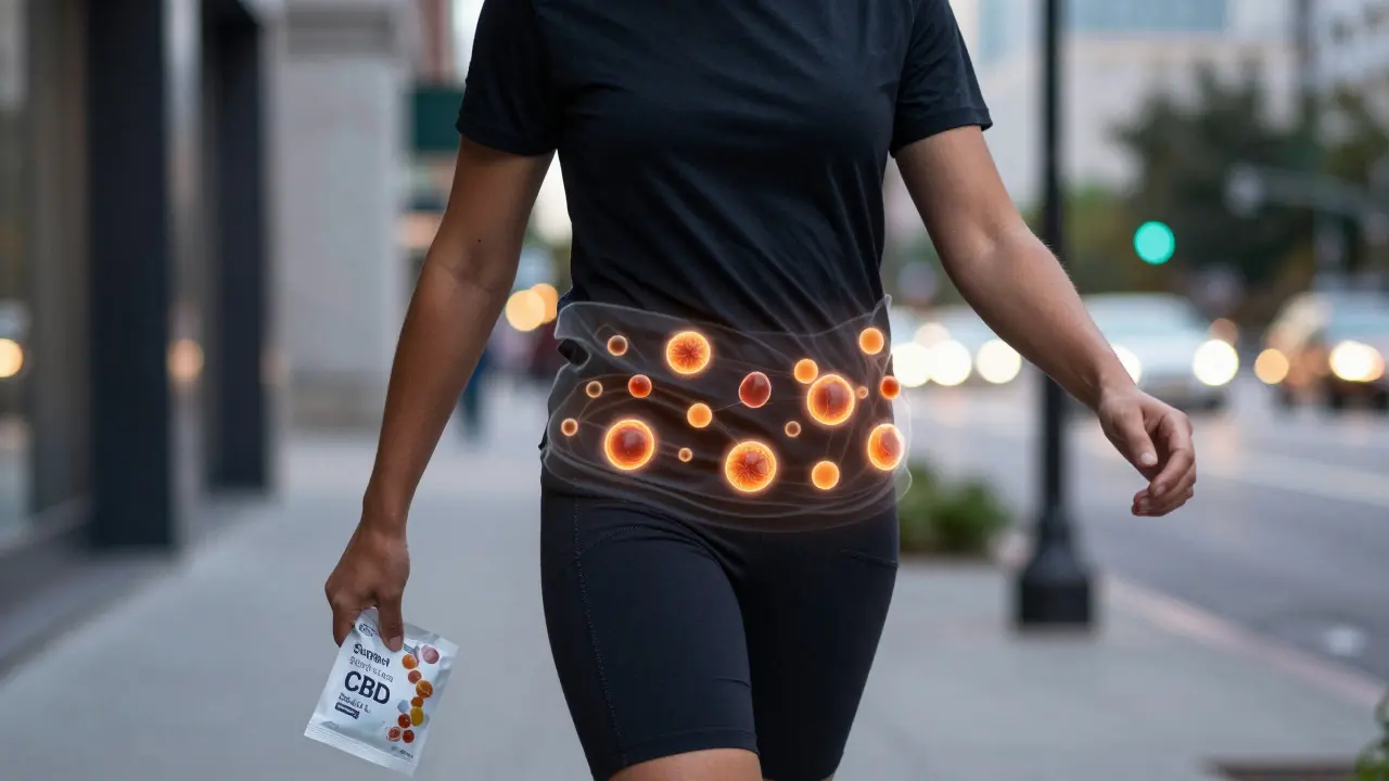 Osoba kráčí ve městě s balíčkem bezcukrových CBD gumiček, zářící metabolismus kolem těla.