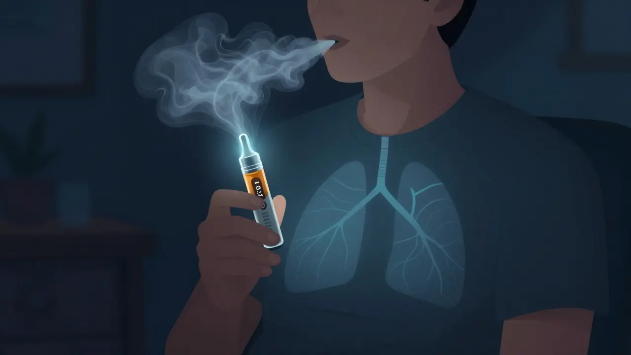 Osoba vdechující CBD z kartridže v klidné noční atmosféře s jemným zářivým světlem.