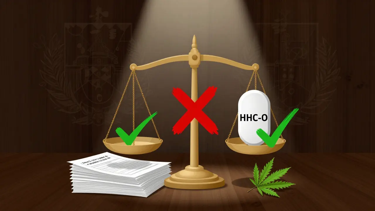 Právní váha: zakázaný HHC-O tablet proti úředním dokumentům, s červeným křížem a zelenými značkami CBD a kavy.