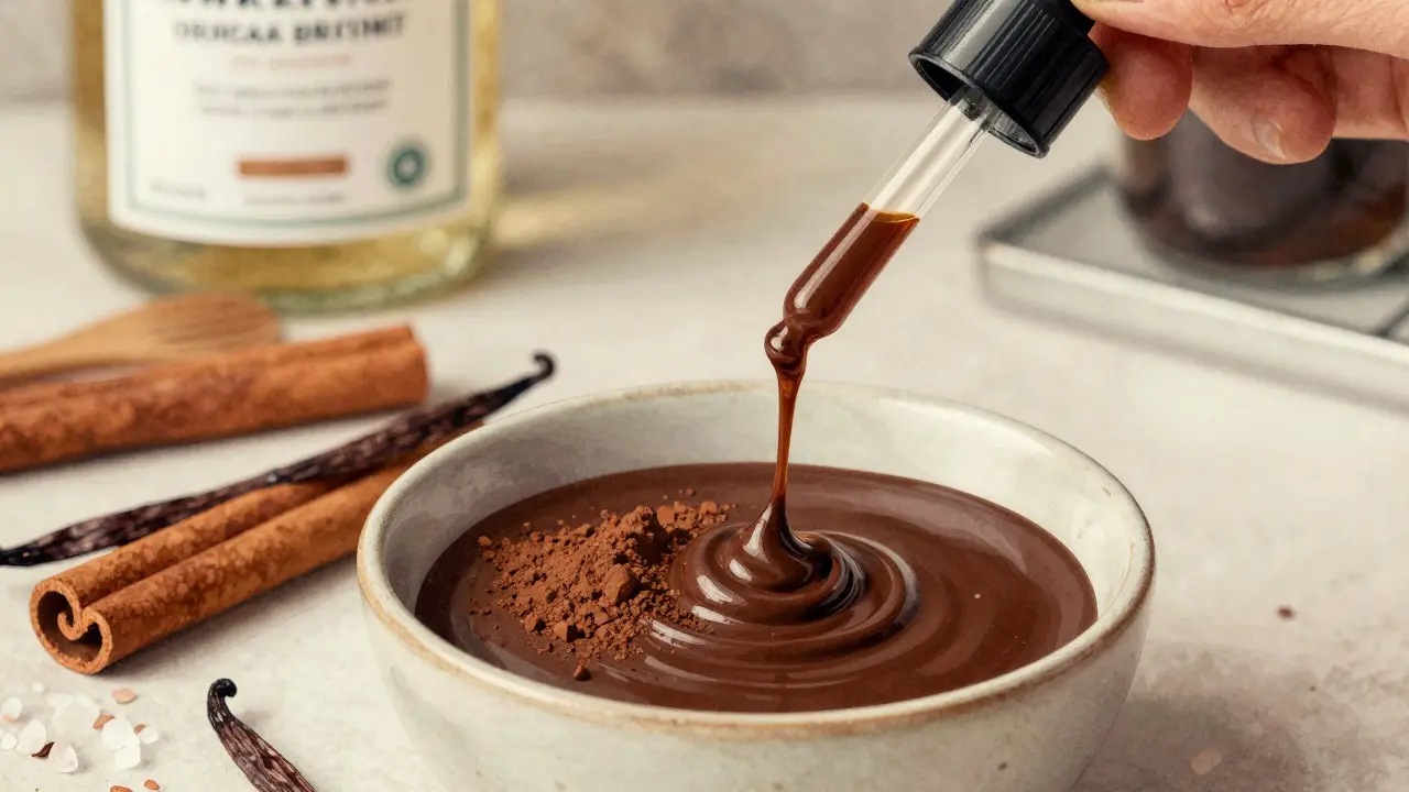 Přírodní složky se míchají s CBD olejem do černé čokolády v kuchyni s certifikátem organic.
