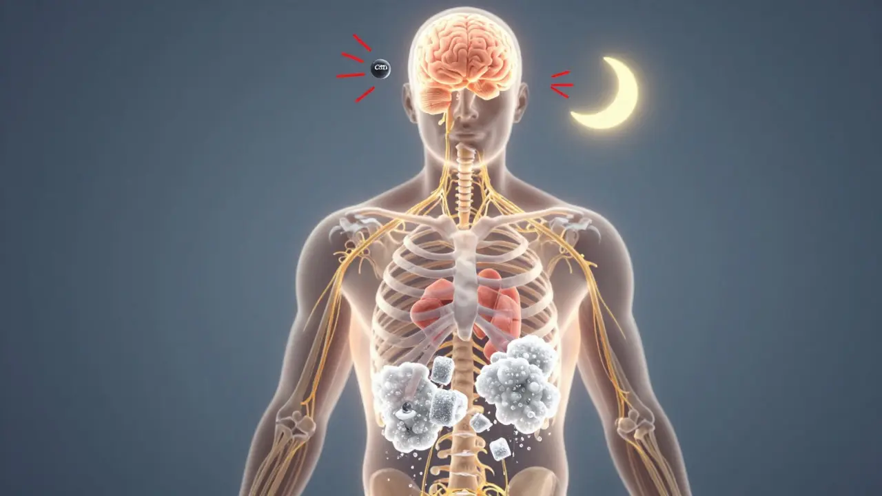Průřez lidského těla s CBD molekulou ovlivňující nervový systém a spánek, zatímco cukr přispívá k hromadění tuku.