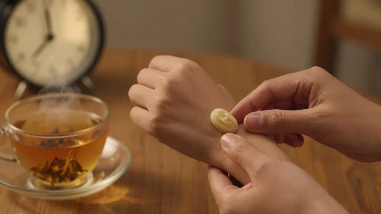 Ruce masírují vnitřní stranu zápěstí CBD balmem ve večerní atmosféře.