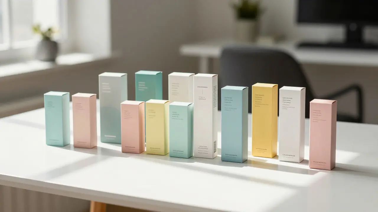 Široký výběr barevných krabiček s extraktem na stole