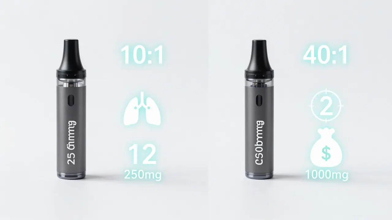 Srovnání 10:1 a 40:1 CBD kartridžů s počtem vdechů a účinkem, zobrazené jako konceptuální obraz.