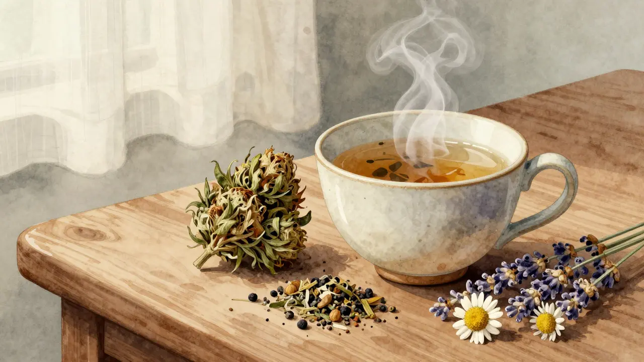 Sušený květ CBD s čajem a bylinkami na dřevěné desce, symbolizující přirozený a široký účinek.