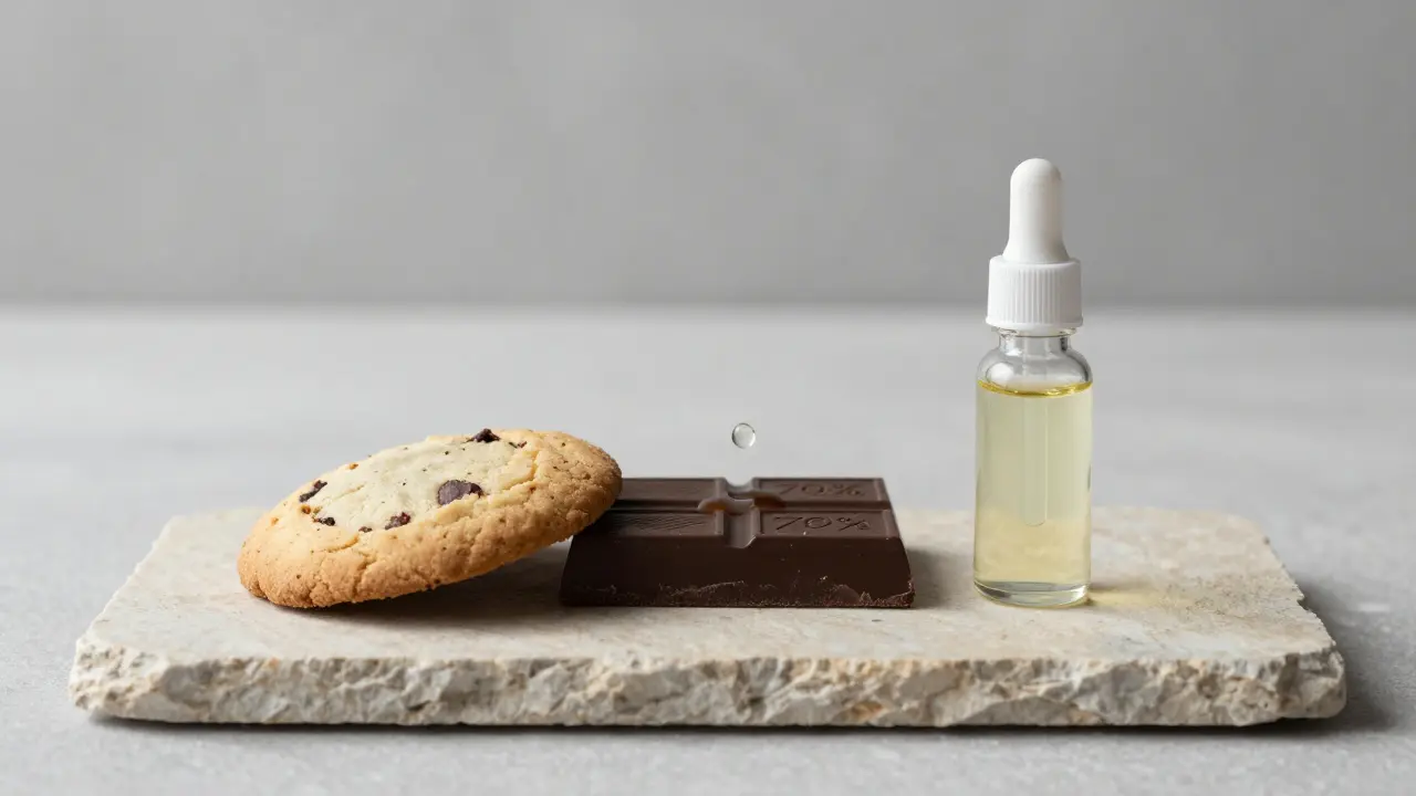 Tři CBD produkty na kamenité ploše s kapičkou oleje ve vzduchu – jednoduchý, upřímný vzhled.