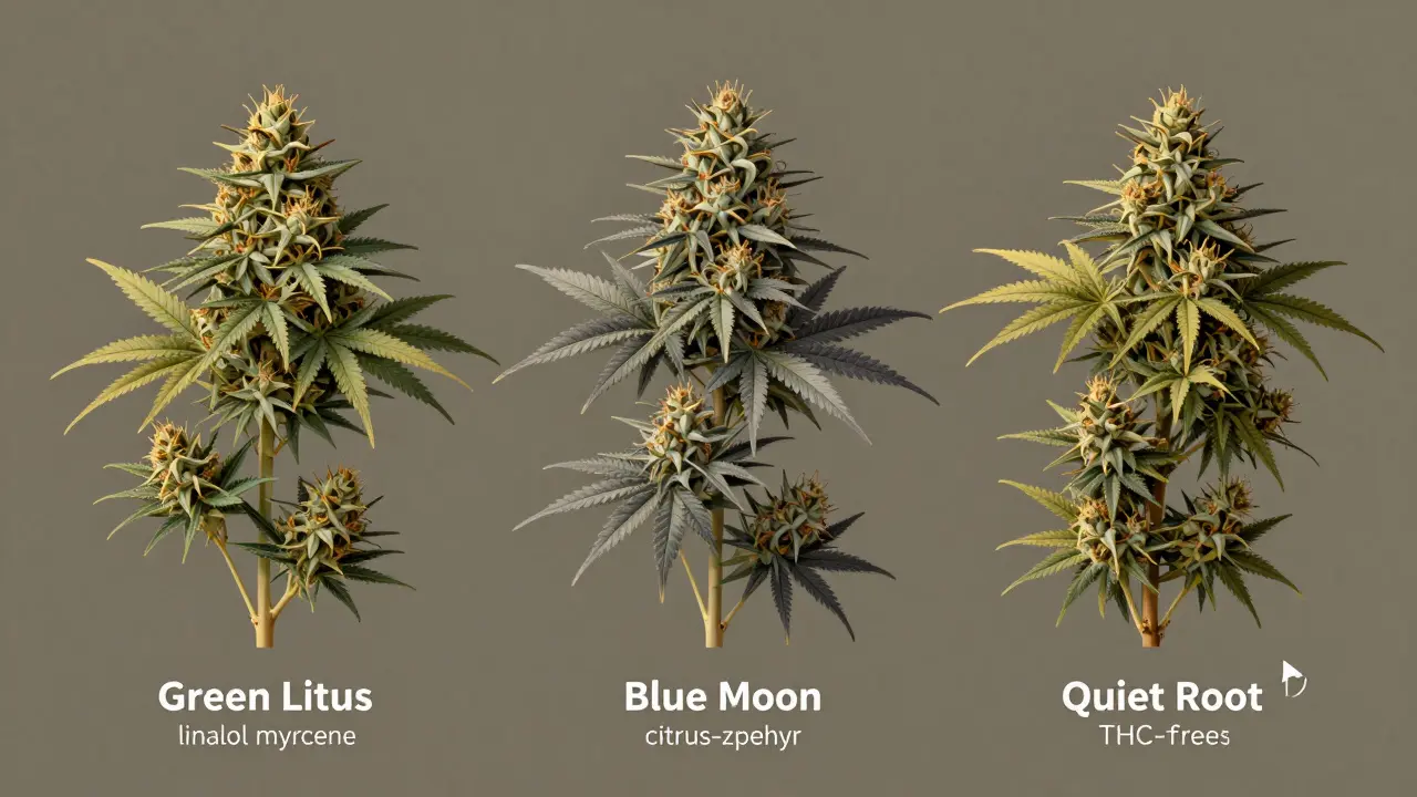 Tři druhy CBD květů s vyznačenými terpenovými profily na přírodním pozadí.