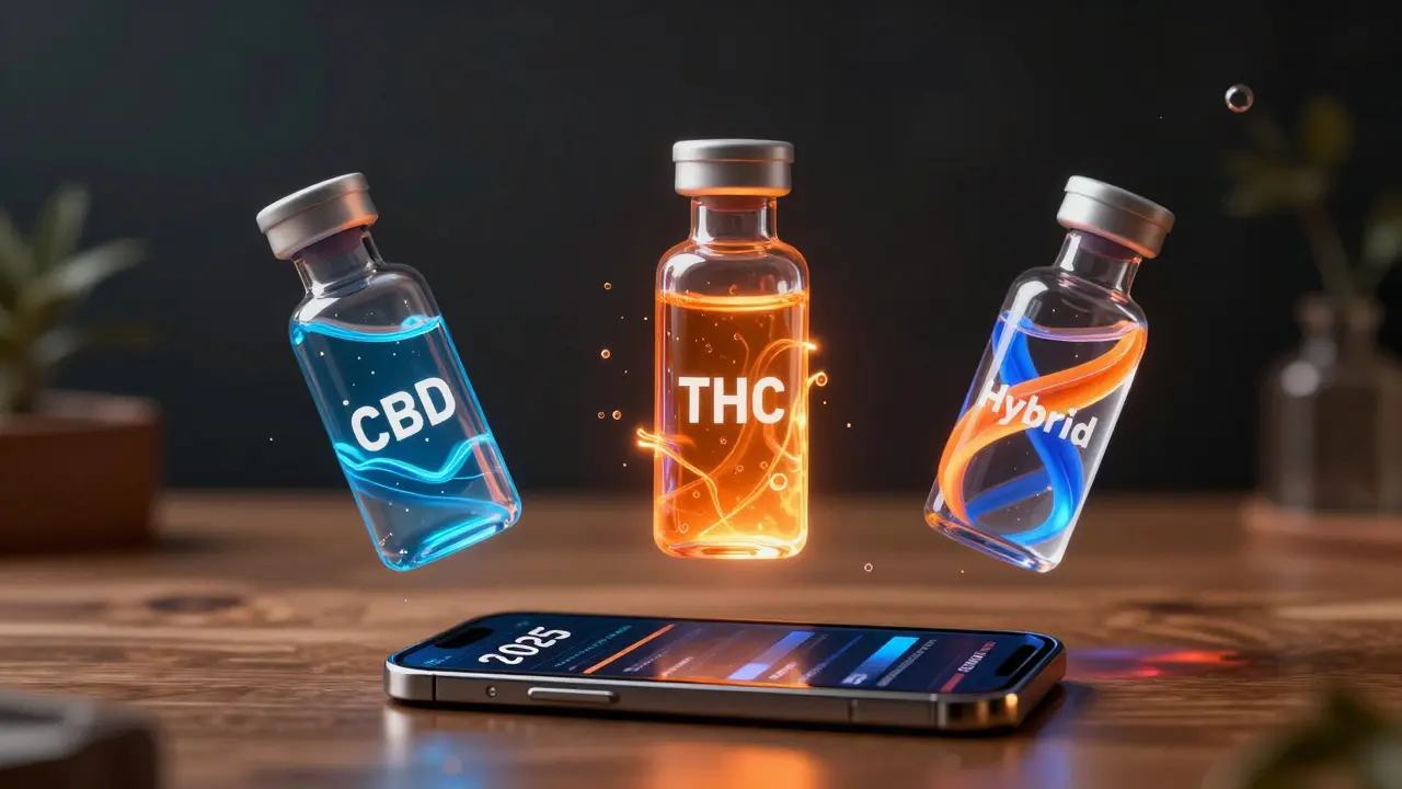 Tři kapky nápoje s CBD, THC a hybridem ve vzduchu, s vlnami a energií, nad časopisem o trhu.