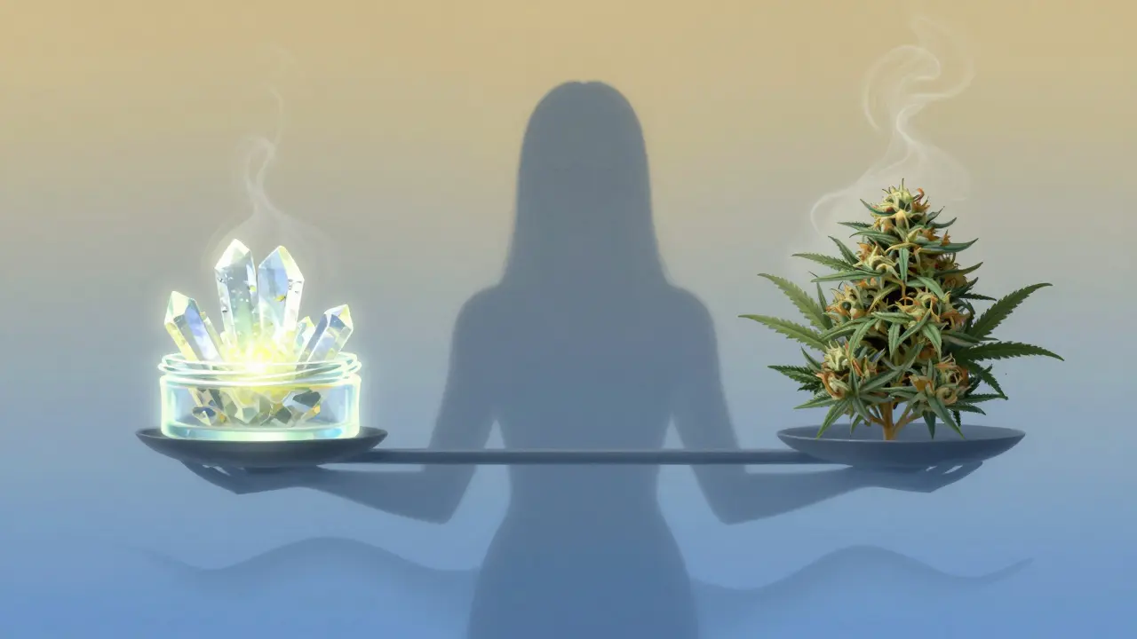 Váha s koncentrátou a květem, člověk v centru v klidu, symbolizující rovnováhu mezi rychlou a dlouhodobou úlevou.