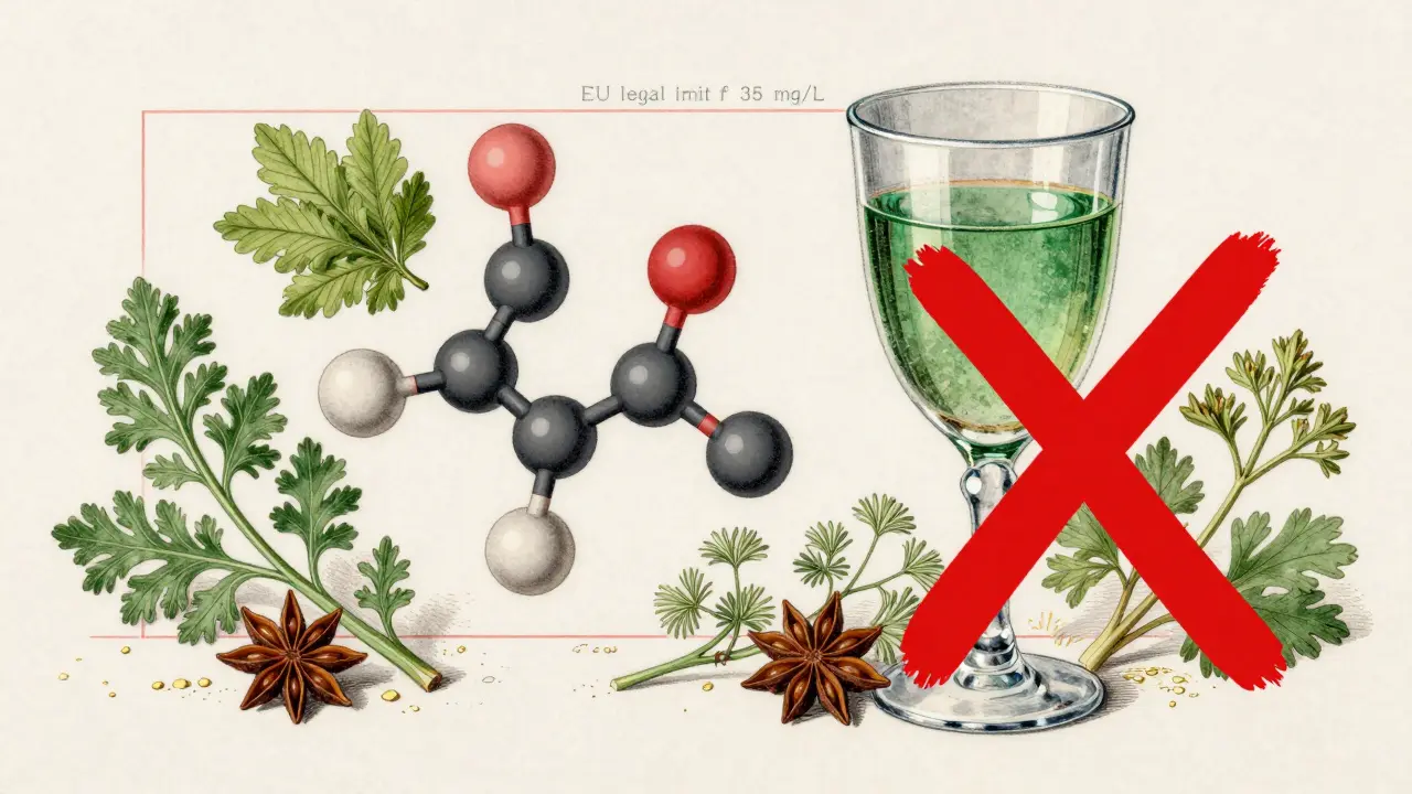 Vědecká ilustrace molekuly thujonu spolu s bylinkami a hranicí legálního obsahu v absintu.