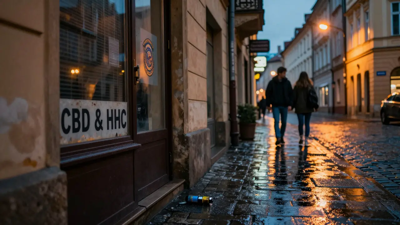 Zavřený obchod v Praze s nápisem 'CBD &amp; HHC', na chodníku leží zakázaný vape, dešťové uličky pod neonovými světly.