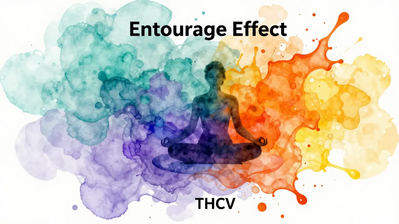 Abstraktní obraz kombinující klidné modré a energické oranžové tóny s meditující osobou.