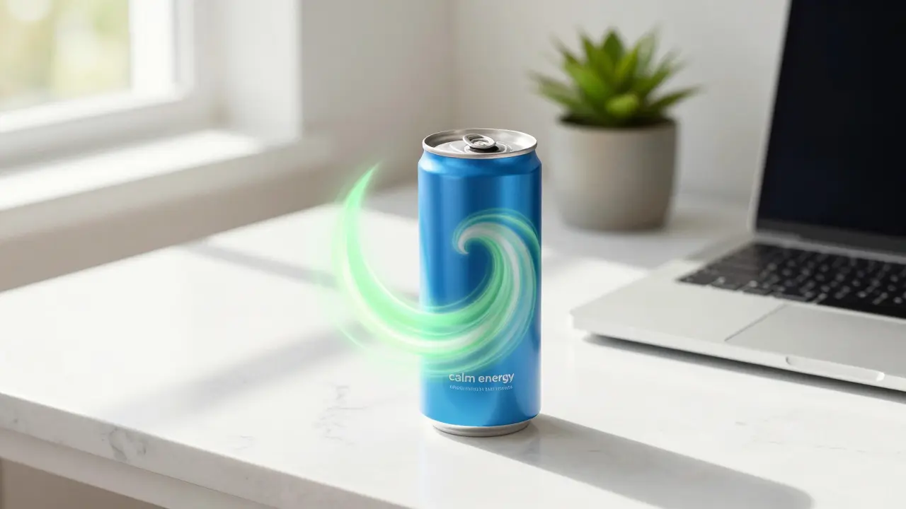 CBD energetický nápoj na stole jako symbol kombinace bdělosti a klidu.