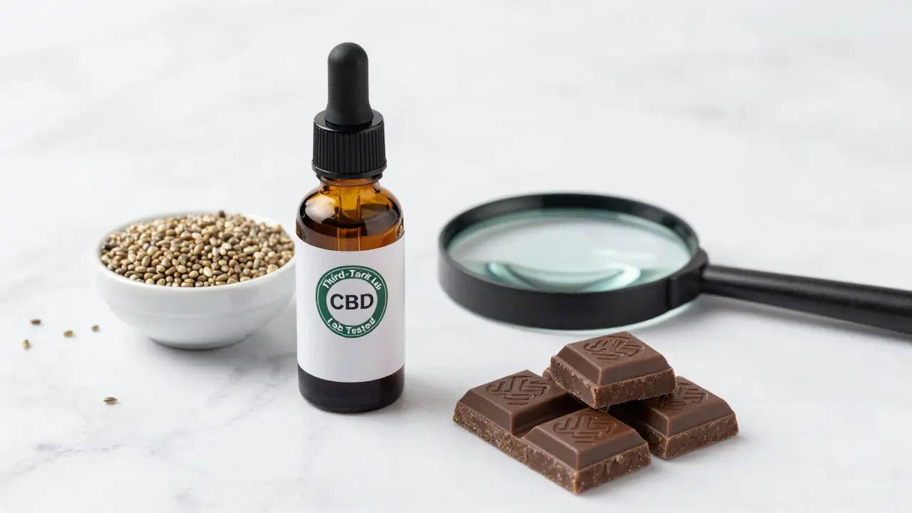 CBD olej, konopná semínka a čokoláda s razítkem o laboratorním testování.