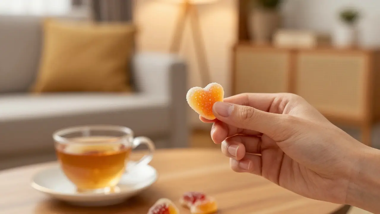 Detail ruky držící CBD žvýkací gumu v útulném domácím prostředí.