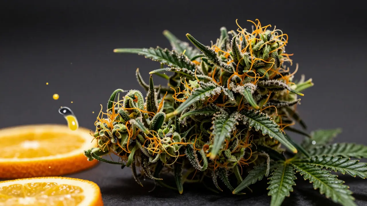 Detailní makro snímek hybridního konopného květu s citrusovými a borovicovými prvky.