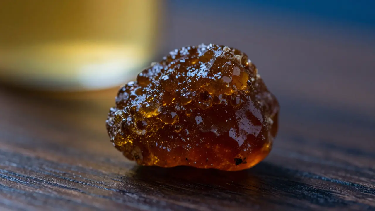 Detailní záběr na koncentrovaný CBD hash na dřevěném povrchu