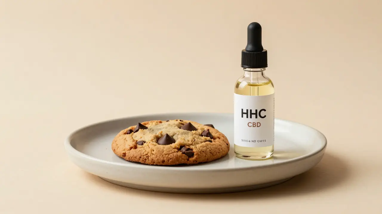 HHC cookies a kapky CBD na minimalistickém stole v teplém, uklidňujícím osvětlení.