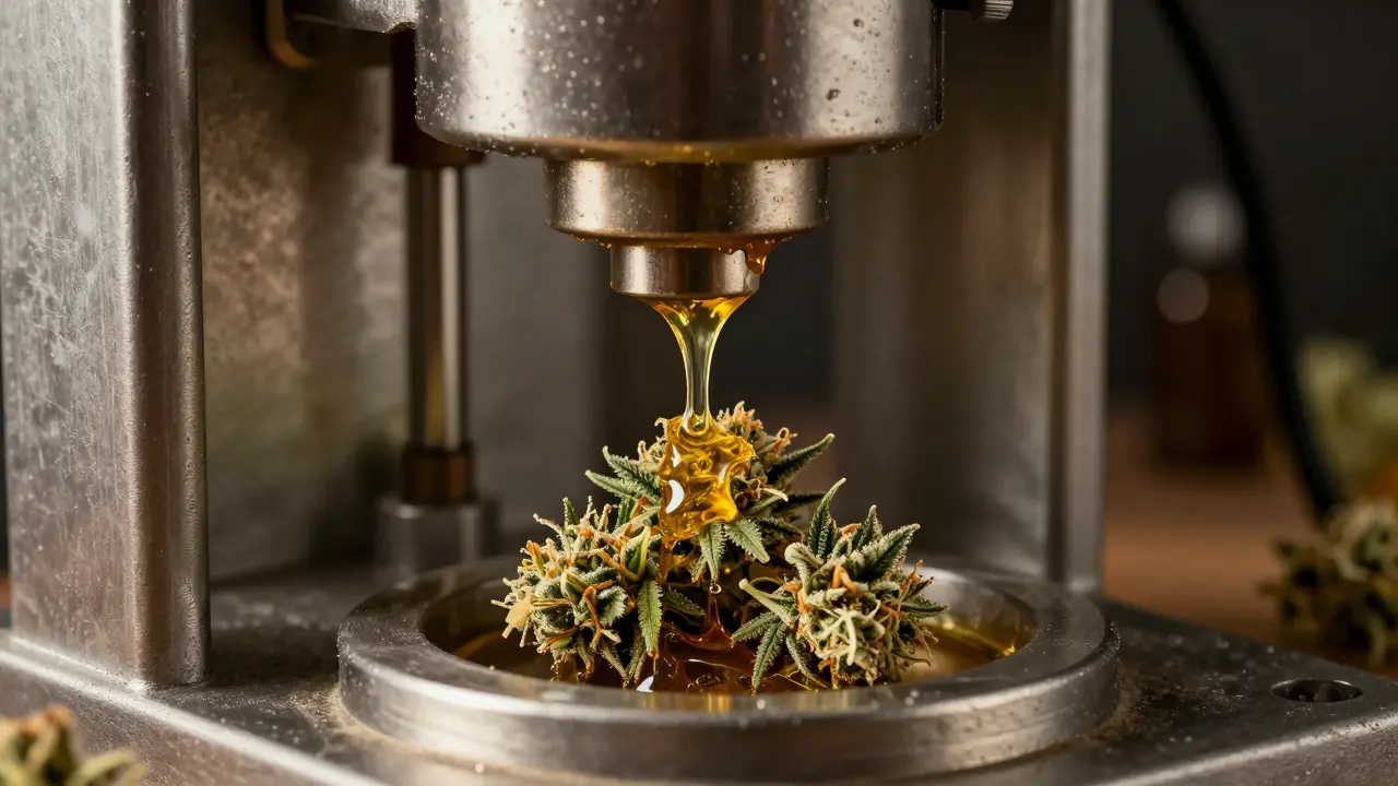 Hydraulický lis stlačující konopné květy, ze kterých vytéká zlatá pryskyřice rosin.