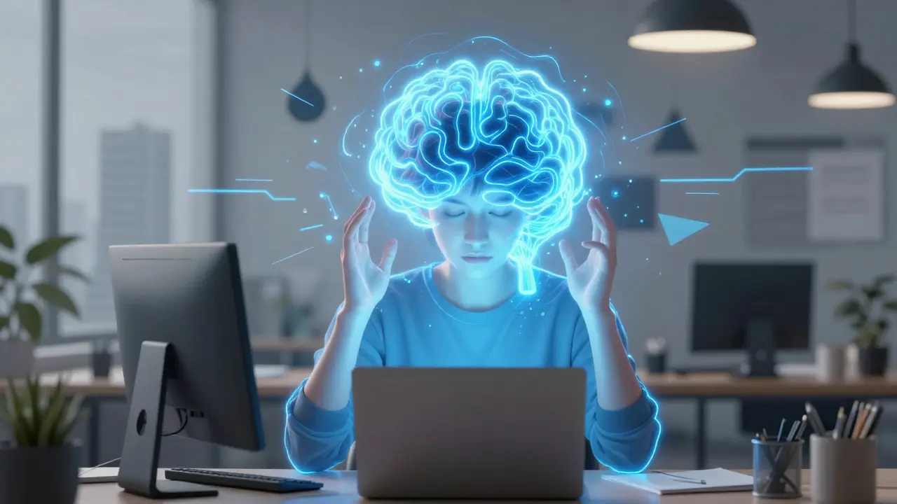 Ilustrace člověka v kanceláři s modrou aurou symbolizující soustředění a energii.