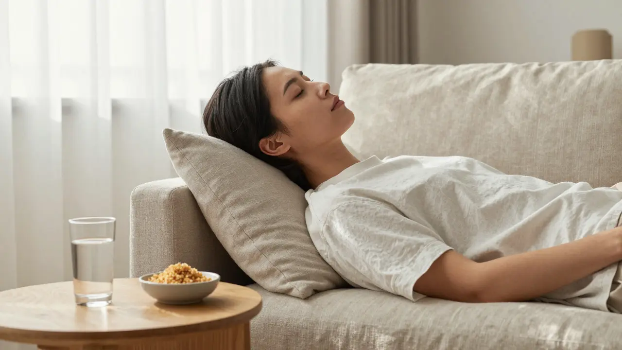 Klidná osoba odpočívající na pohovce s CBD crumble na stole.