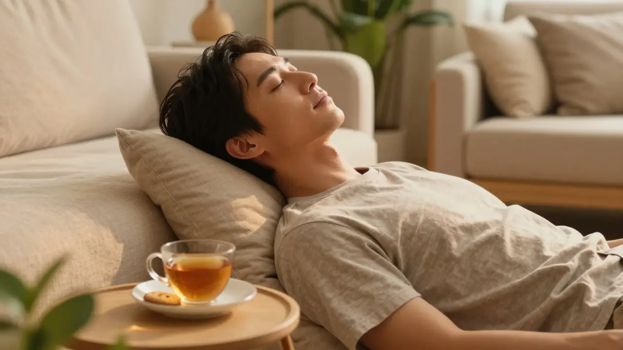 Klidně relaxující osoba v moderním interiéru s CBD sušenkou a šálkem čaje.