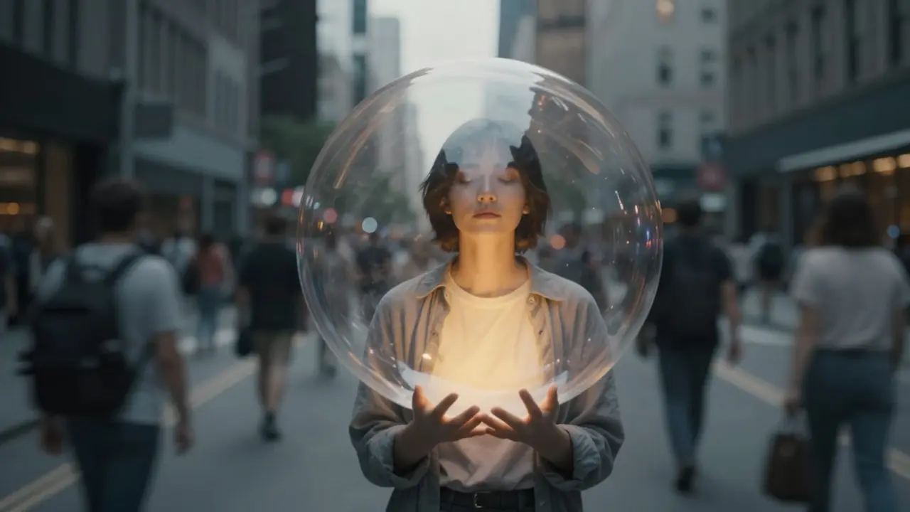 Klidný člověk v rušném městě obklopený zlatým svitem symbolizujícím úlevu od stresu.